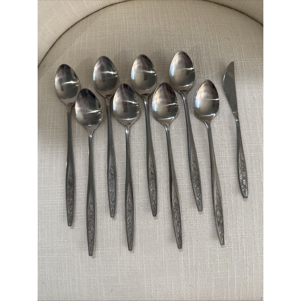 8 Iced Tea Spoons & Butter‎ Knife Custom Craft CUS1 Rose Flower Stainless Taiwan